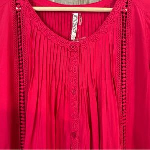 Women's  Pink Pleated Long Sleeve Blouse